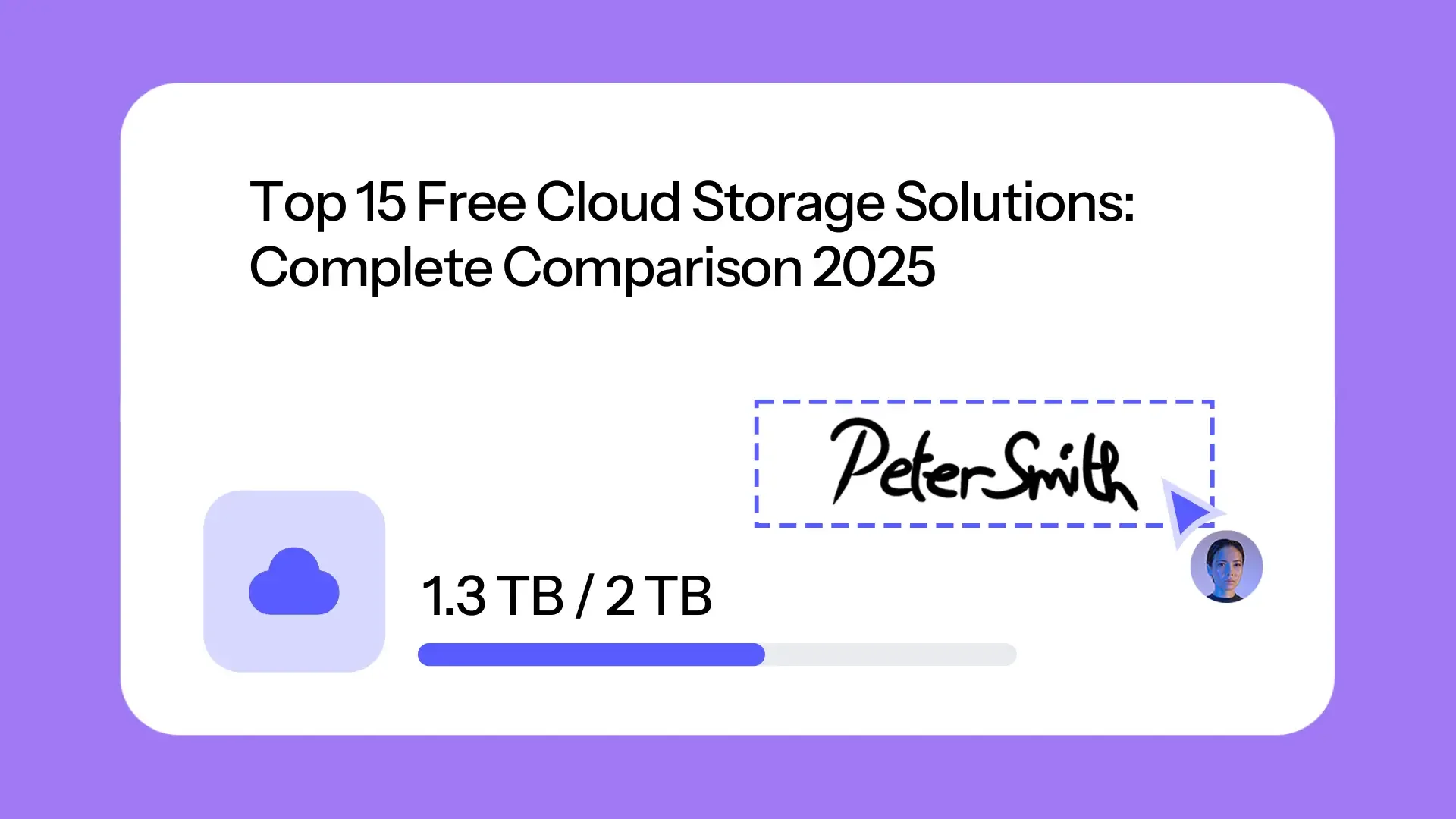 Top 15 Free Cloud Storage Solutions: Complete Comparison 2025, with a storage gauge at 1.3 TB of 2 TB