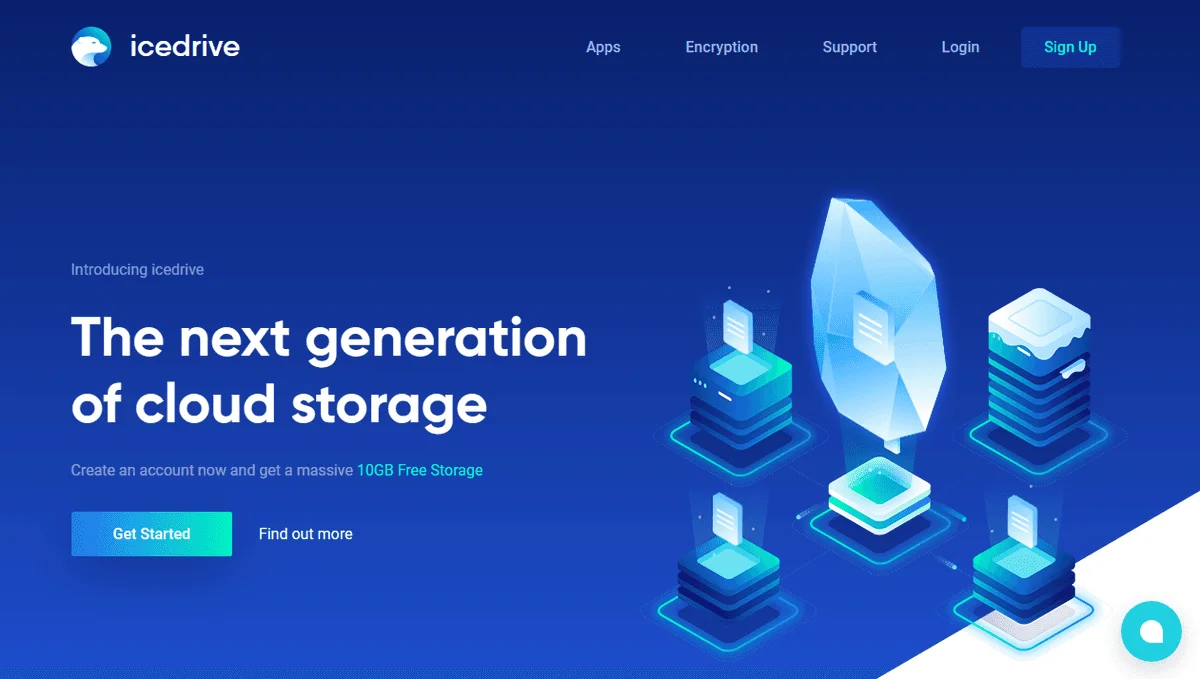 Page d'accueil d'Icedrive : « The next generation of cloud storage », avec une offre de 10GB Free Storage