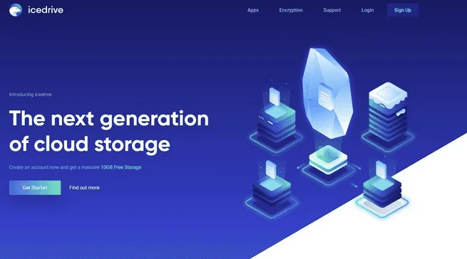 Page d'accueil d'Icedrive : « The next generation of cloud storage », avec une offre de 10GB Free Storage