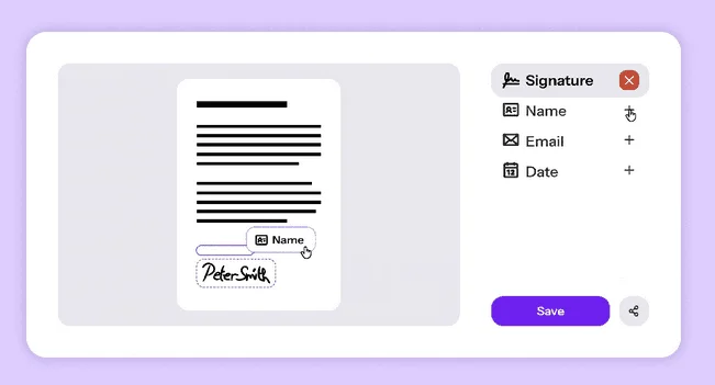 Drime signature editor placing Signature, Name, Email and Date fields on a document
