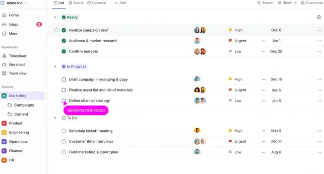 ClickUp list view of marketing tasks grouped by Ready, In Progress and To Do, with priorities and due dates