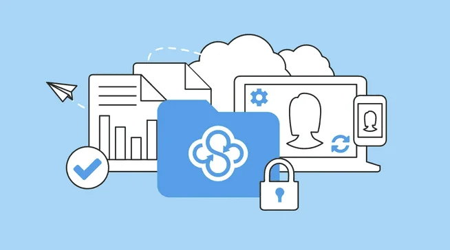 Logo Sync.com sur un dossier avec un cadenas, entouré de documents, d'appareils et d'icônes de synchronisation