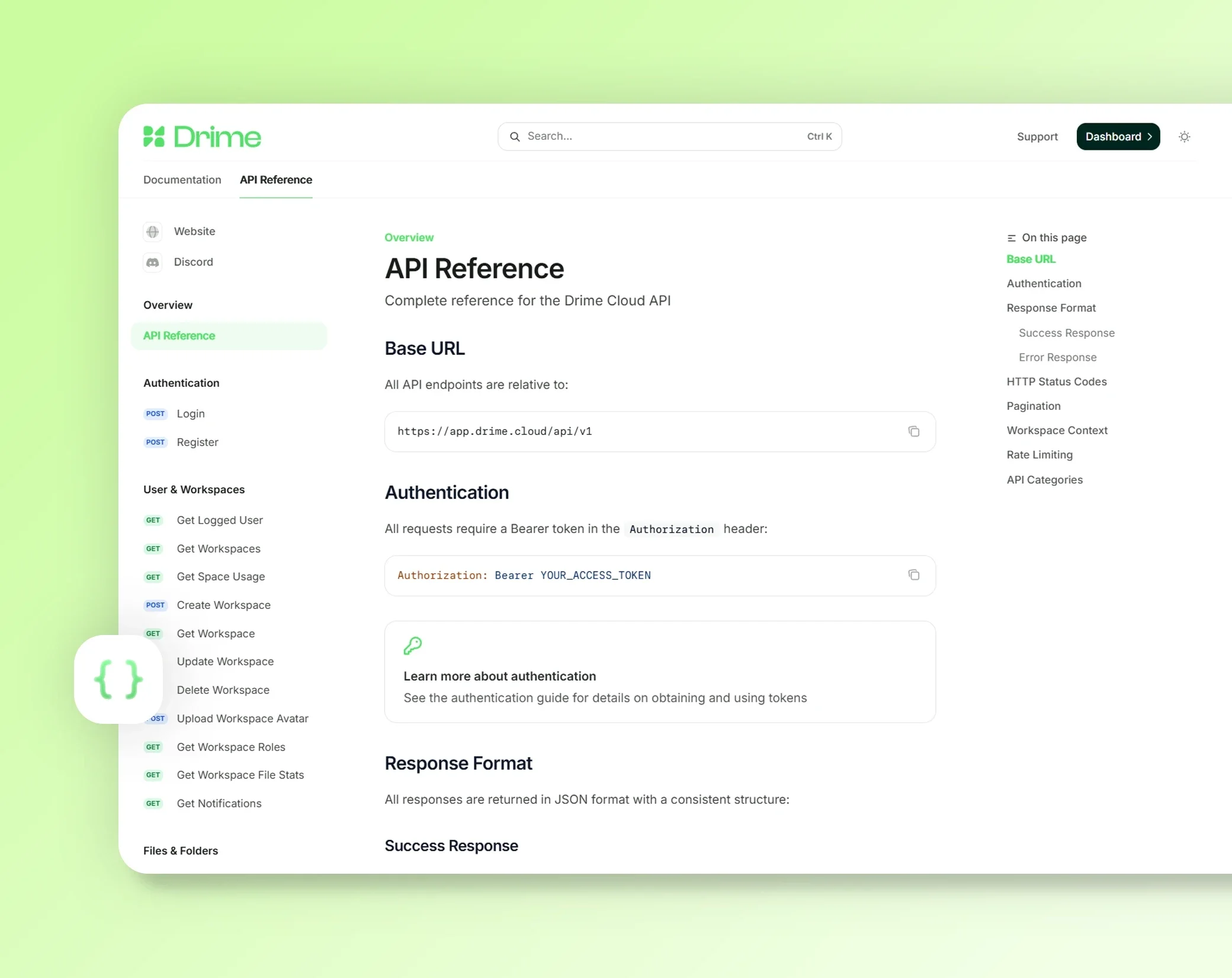 API-Referenz von Drime mit der Basis-URL, der Authentifizierung per Bearer-Token und dem Antwortformat