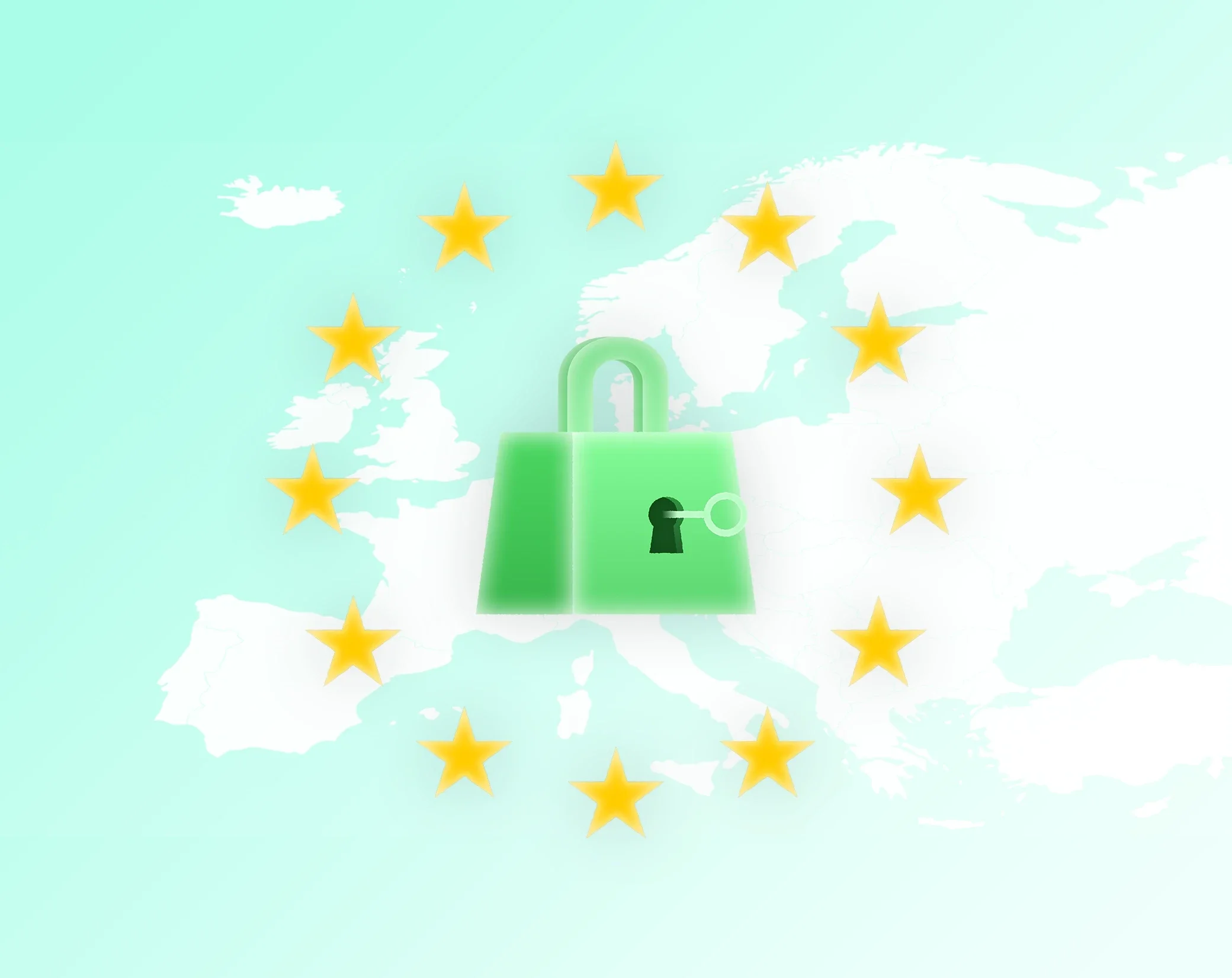 Vorhängeschloss über einer Europakarte, umringt von den EU-Sternen, für in der EU gehostete Daten
