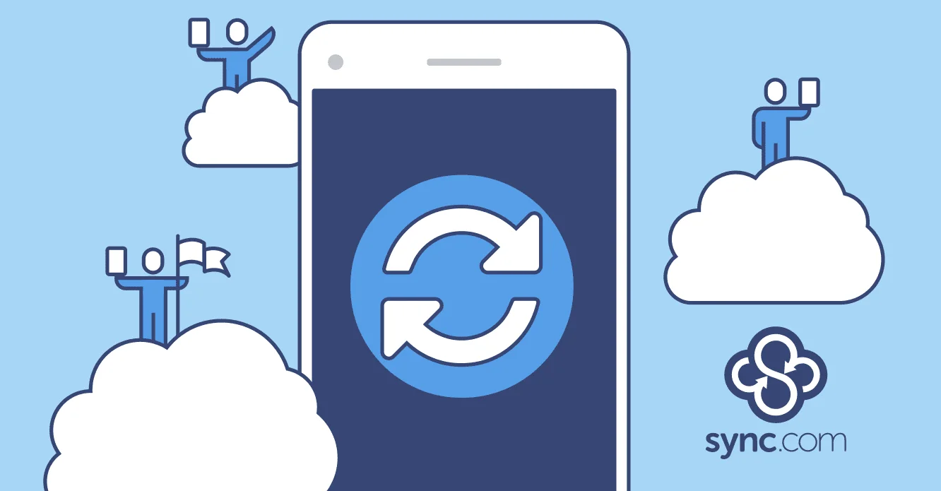 Illustration Sync.com d'un téléphone avec des flèches de synchronisation et des personnes sur des nuages tenant des documents