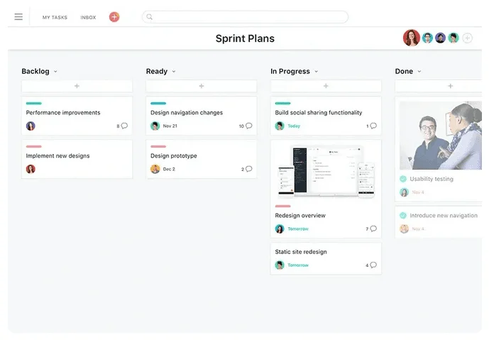 Asana "Sprint Plans" board with tasks in Backlog, Ready, In Progress and Done columns
