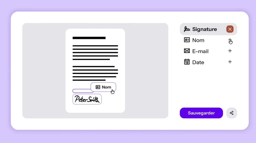 Éditeur de signature Drime avec un document signé et des champs à ajouter : Signature, Nom, E-mail, Date