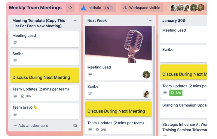 Trello board "Weekly Team Meetings" with a meeting template list and cards for lead, scribe and team updates
