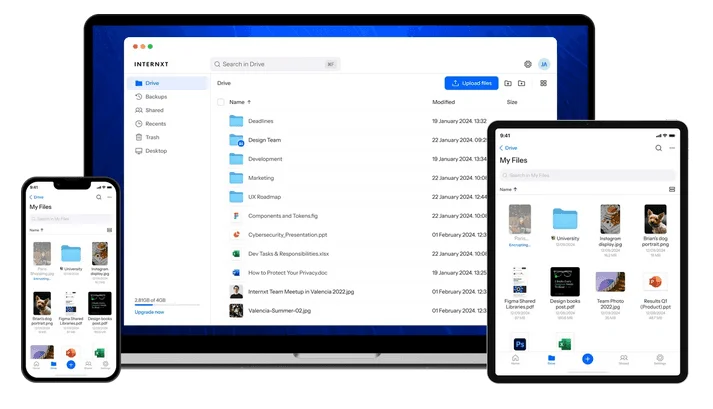 Internxt Drive on a laptop, a phone and a tablet, showing folders and files