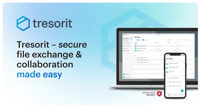 Bannière Tresorit « secure file exchange & collaboration made easy » avec ses applications sur ordinateur et téléphone