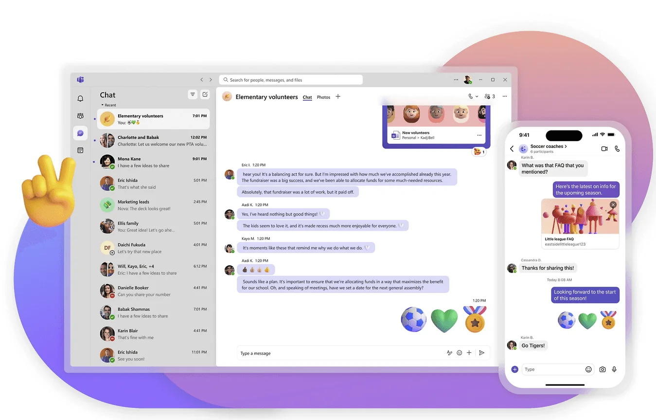 Discussion Microsoft Teams sur ordinateur et sur téléphone, avec des conversations de groupe et un fichier Word partagé