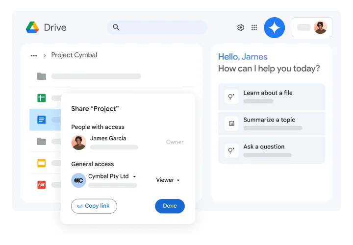 Google Drive with a Share “Project” dialog for access settings and a Gemini assistant panel