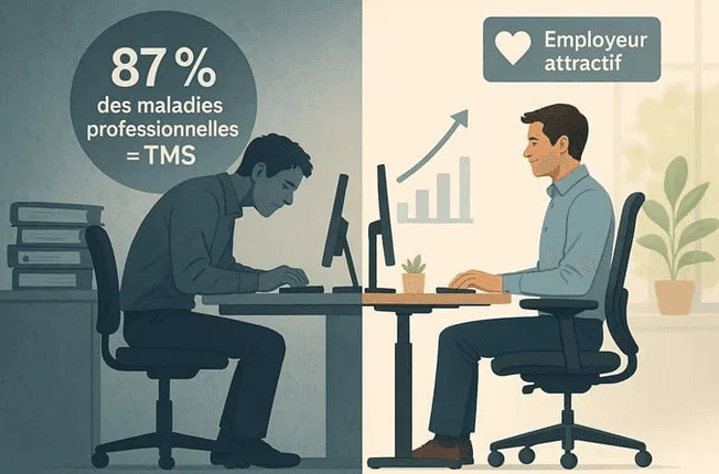 French illustration: a hunched worker with "87% of occupational diseases = MSDs" vs an upright "Attractive employer"