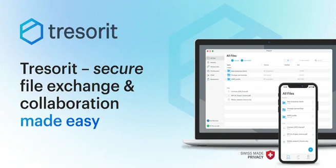 Tresorit banner reading "secure file exchange & collaboration made easy", with the app on a laptop and a phone