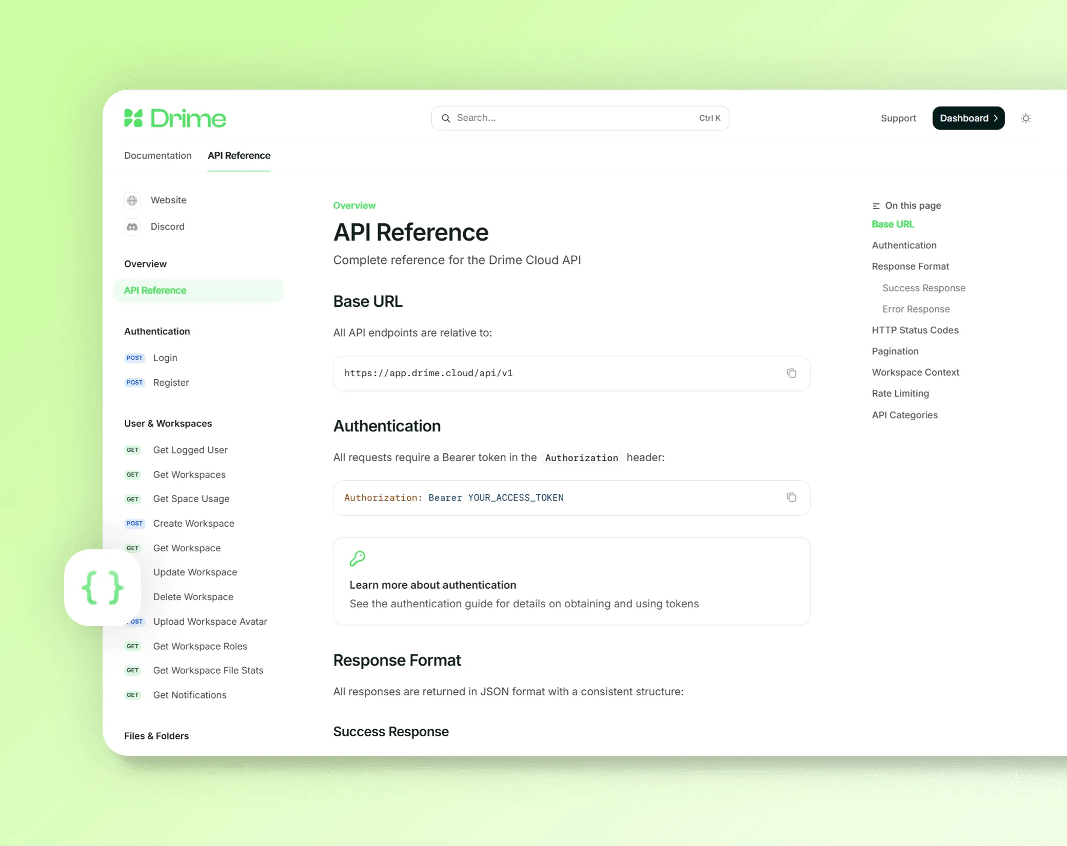 API-Referenz von Drime mit der Basis-URL, der Authentifizierung per Bearer-Token und dem Antwortformat
