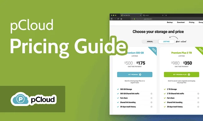 Bannière « pCloud Pricing Guide » avec les offres à vie : Premium 500 Go à 175 $ et Premium Plus 2 To à 350 $