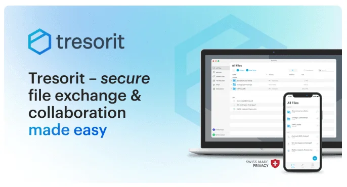 Tresorit banner “secure file exchange & collaboration made easy” with its apps on a laptop and a phone