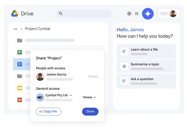 Google Drive share dialog for a project folder, next to an AI assistant panel