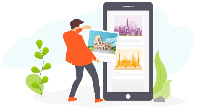 Man adding a photo to a gallery on a large phone