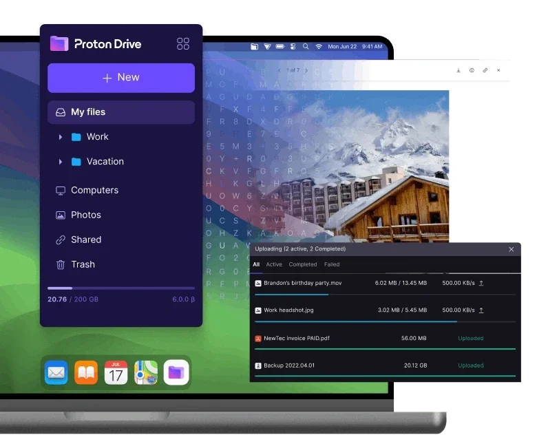Proton Drive sur un Mac avec My files, l'aperçu d'une photo et un panneau de progression des envois
