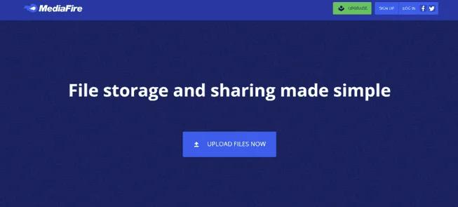 Page d'accueil MediaFire « File storage and sharing made simple » avec un bouton Upload Files Now