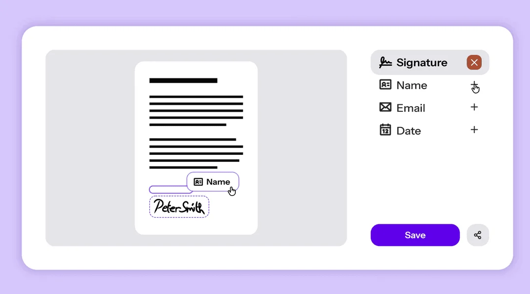Drime signature editor placing Signature, Name, Email and Date fields on a document