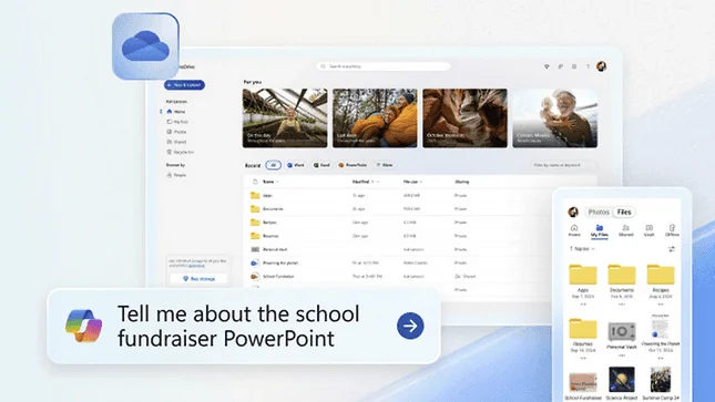 OneDrive sur ordinateur et mobile avec fichiers récents et dossiers, et une requête Copilot sur un PowerPoint