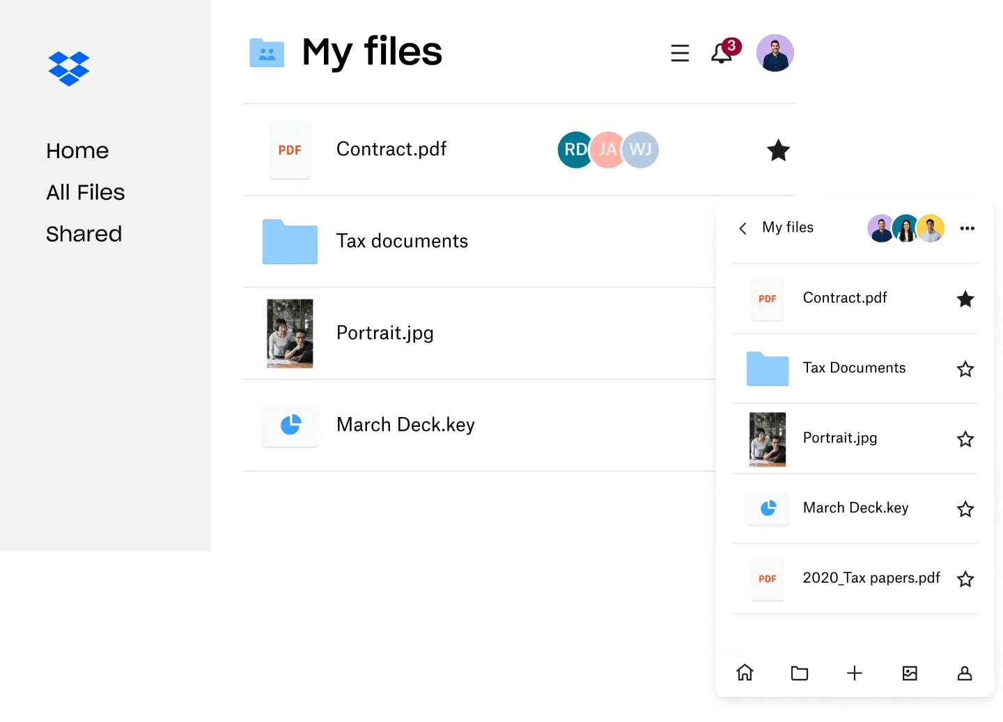 Vue My files de Dropbox sur ordinateur et mobile avec un contrat partagé, un dossier, une photo et une présentation