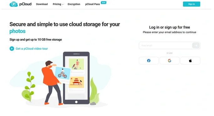 Page d'accueil pCloud consacrée aux photos, avec jusqu'à 10 Go de stockage gratuit et un formulaire d'inscription