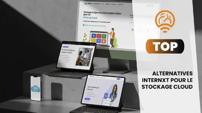 French banner "Top alternatives Internxt pour le stockage cloud" with cloud storage sites shown on several devices