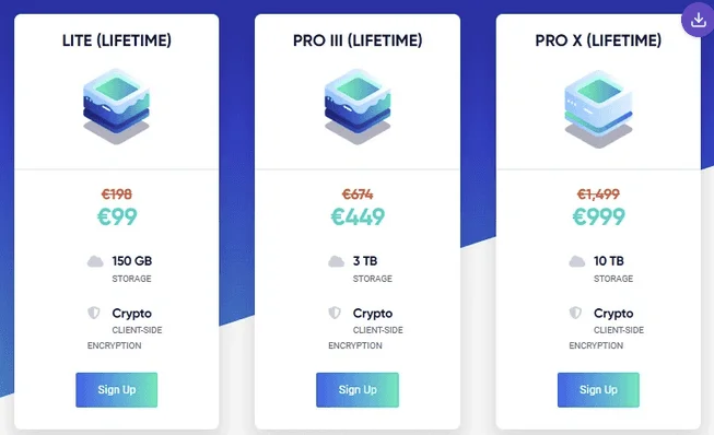 Offres à vie Icedrive : Lite 150 GB à 99 €, Pro III 3 TB à 449 € et Pro X 10 TB à 999 €