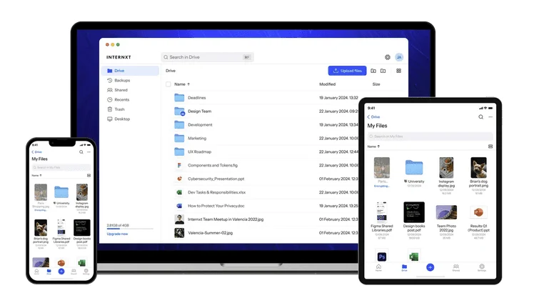 Internxt Drive on a laptop, a phone and a tablet showing folders and files