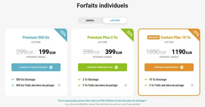 Forfaits Lifetime pCloud : Premium 500 Go à 199 EUR, Premium Plus 2 To à 399 EUR et Custom Plan 10 To à 1190 EUR