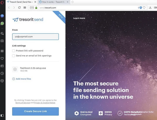 Tresorit Send page with sender email, link settings (password, email at link openings) and a Create Secure Link button