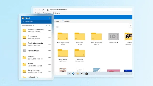 Fichiers OneDrive sur le web et sur téléphone, avec des dossiers comme Documents, Pictures et un Personal Vault