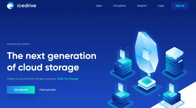 Page d'accueil Icedrive : « The next generation of cloud storage », avec une offre de 10 Go de stockage gratuit