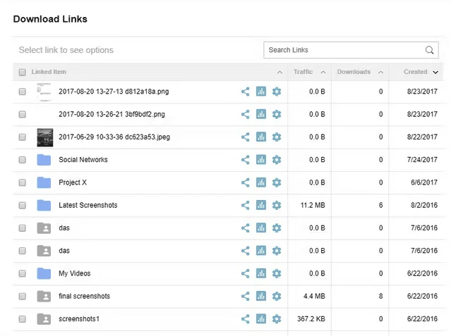 pCloud Download Links page listing shared files and folders with their traffic and download counts