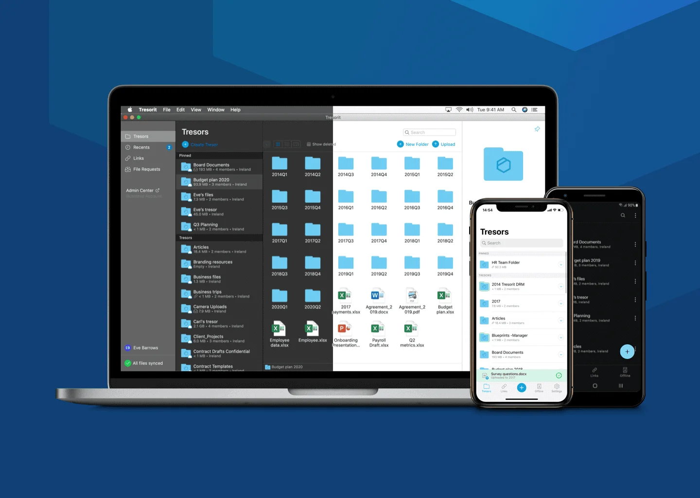 Tresorit app on a laptop and two phones showing shared folders (tresors) and files