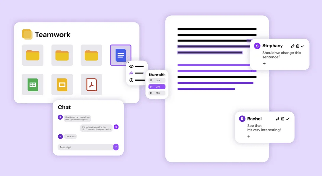 Illustration Drime Teamwork : fichiers partagés, options Share with (User, Link, Mail), une discussion et des commentaires