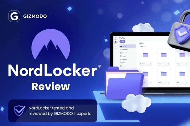 Bannière NordLocker Review de Gizmodo, avec le logo NordLocker et l'écran My files sur un ordinateur portable