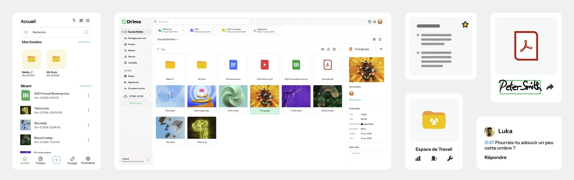 Drime sur mobile et web : accueil, gestionnaire de fichiers avec détails, espace de travail, PDF signé et commentaire