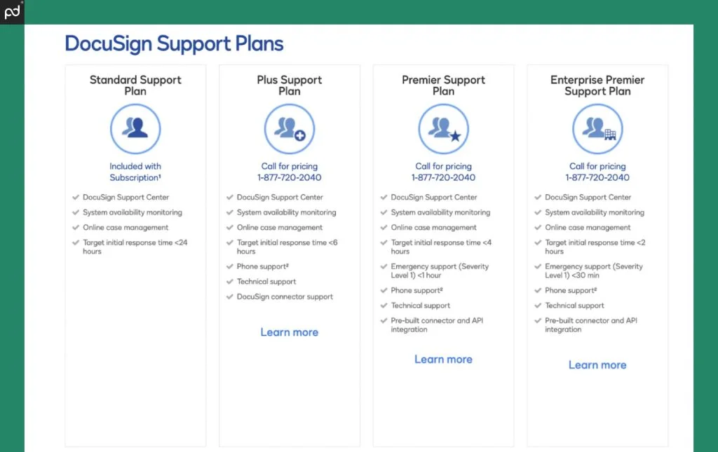 DocuSign support plans: Standard included with subscription; Plus, Premier and Enterprise Premier on call for pricing