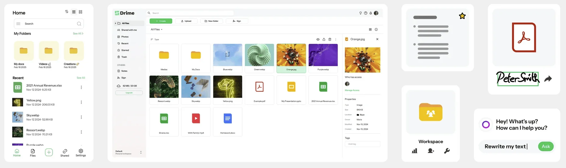 Drime sur mobile et sur le web : fichiers, détails d'un fichier, PDF, signature, espace de travail et assistant IA