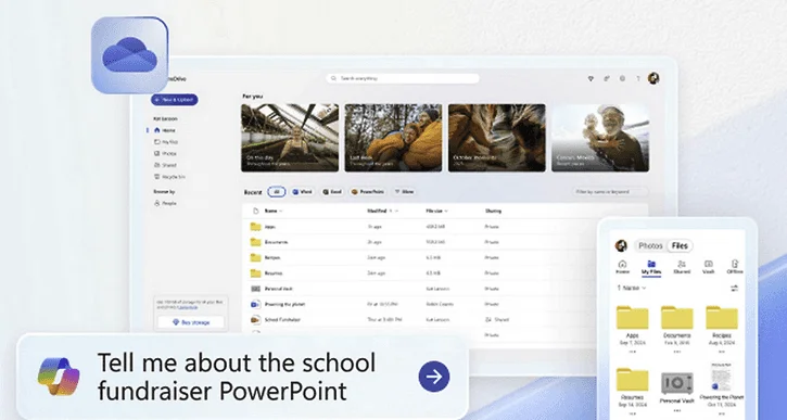 OneDrive sur ordinateur et tablette, avec photos, fichiers récents et une question à Copilot sur un PowerPoint