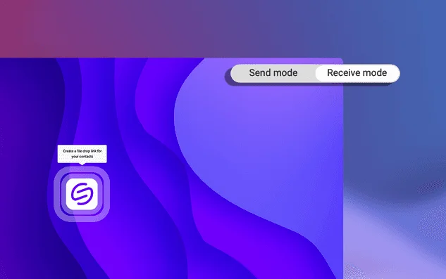 Interface Smash avec un sélecteur Send mode / Receive mode et l'info-bulle « Create a file drop link for your contacts »