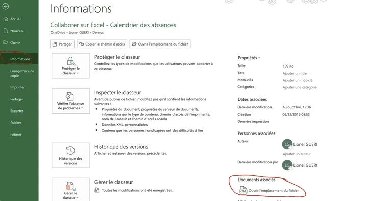 Excel Info screen in French for a workbook on OneDrive, with Info and "Open file location" circled in red