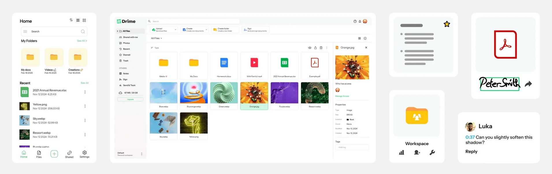 Drime on mobile and desktop: file manager with folders and images, plus signature, workspace and comment cards