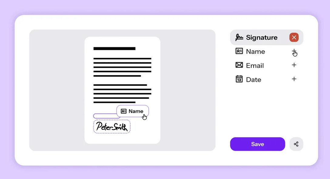 Drime signature editor placing Signature, Name, Email and Date fields on a document
