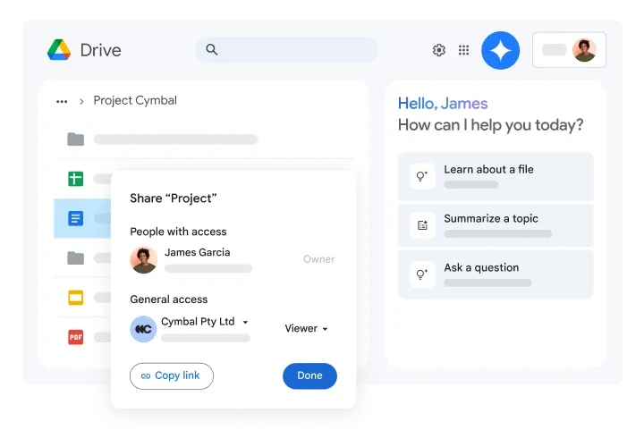 Google Drive avec une fenêtre de partage indiquant les personnes ayant accès, un bouton Copy link et un panneau d'assistant