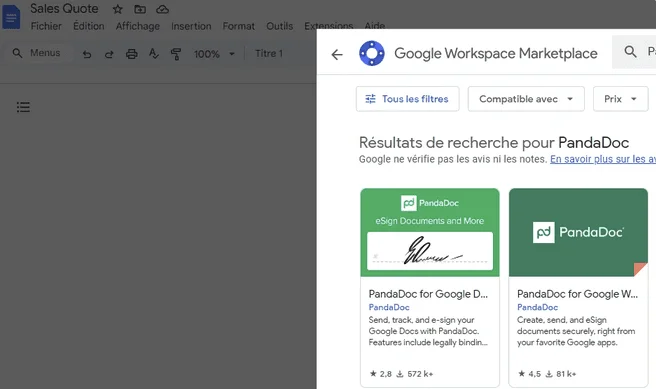 Google Docs avec le Google Workspace Marketplace ouvert sur les résultats de recherche du module de signature PandaDoc